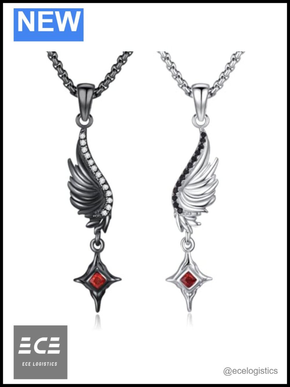 925 Sterling Silver Angel Wing Pendant Necklace Set with Zircon for Couples